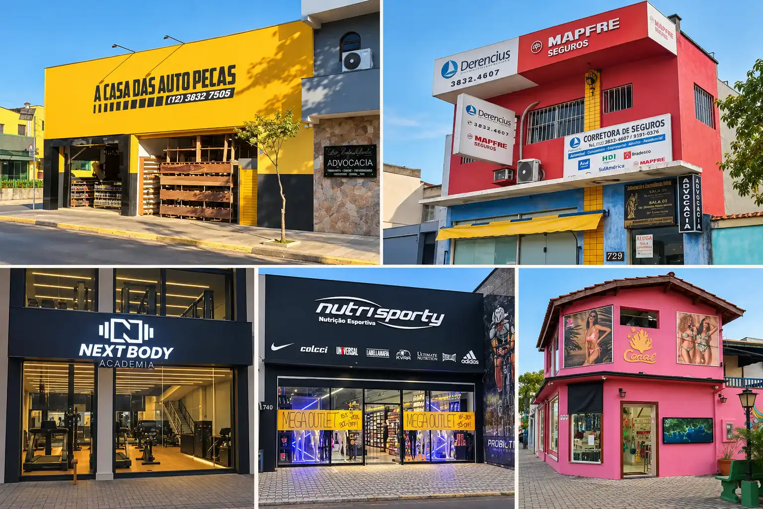 Colagem editorial com negocios reais atendidos pela Derencius, incluindo comercio automotivo, lojas e servicos