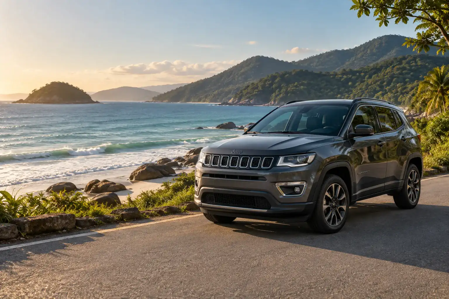Jeep Compass em estrada costeira com praia e montanhas de Ubatuba ao fundo