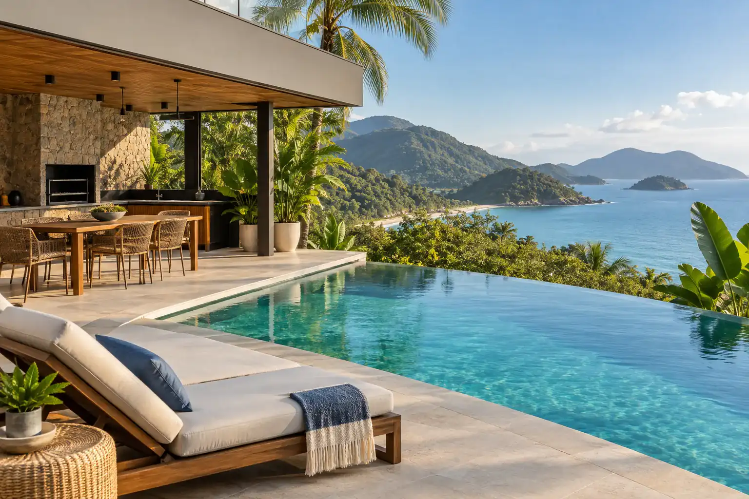 Casa de praia com piscina de borda infinita, area gourmet e vista costeira inspirada em Ubatuba